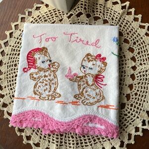 Vintage Tired Bears Embroidered Pillowcase with Pink Crochet Trim EUC